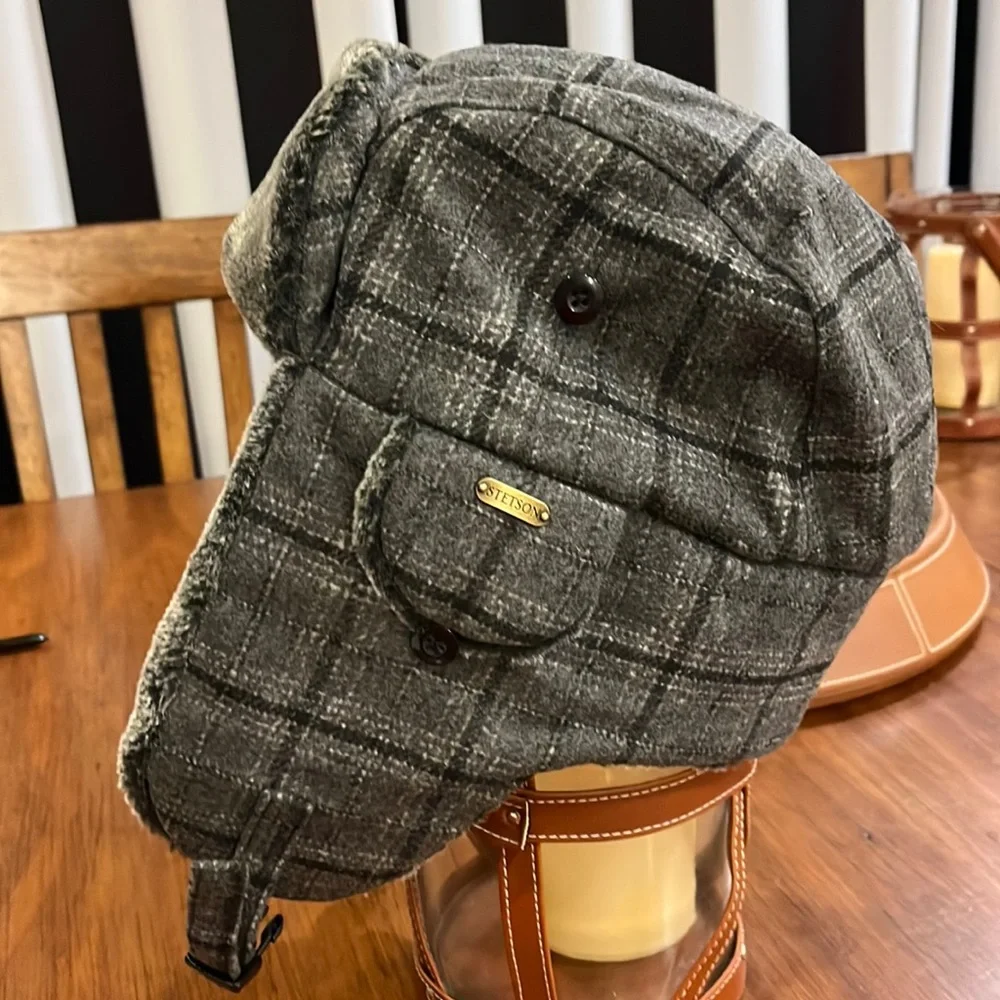 Stetson Winter Trapper Earflap Hat Cap plaid check grey Hunting Mens Size Large